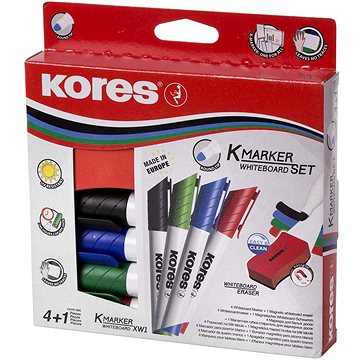 E-shop KORES K-MARKER SET 4 Farben für Whiteboards und Flipcharts + magnetischer Schwamm