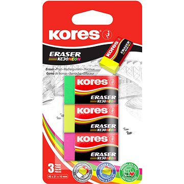 E-shop KORES KE30 Radiergummi - 40 mm x 21 mm x 10 mm - Farbmix neon - 3er-Pack