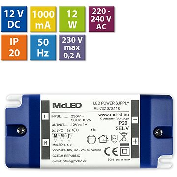 McLED Napájecí zdroj 12W, DC12V/1A, IP20, plastové provedení se svorkovnicí