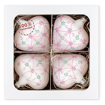 Nastrom - Bílá skleněná srdíčka buclatá s růžovým malováním, 4ks