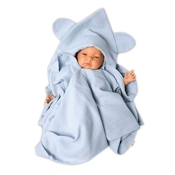 Baby Nellys Luxusní dvouvrstvá mušelínová deka, osuška s kapucí 100 x 100 cm, modrá