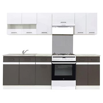 Kuchyně Jamison 180/240 cm, korpus bílý/dvířka bílý lesk, šedý wolfram, PD beton, šířka 240 cm
