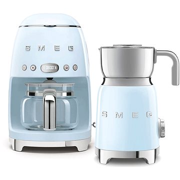 SMEG 50's Retro Style Překapávač 1,4l 10 cup pastelově modrý + Šlehač mléka 0,6l pastelově modrý