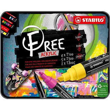 E-shop STABILO FREE Acrylic Basis-Set - Packung mit 11 Farben - mit 3 verschiedenen Spitzen 4x T100, 5x T300, 2x T800C