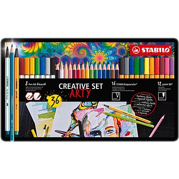 E-shop STABILO CREATIVE SET ARTY - STABILO aquacolor, Stift 68 Pinsel, Spitze 88, Metalldose 36 Stück