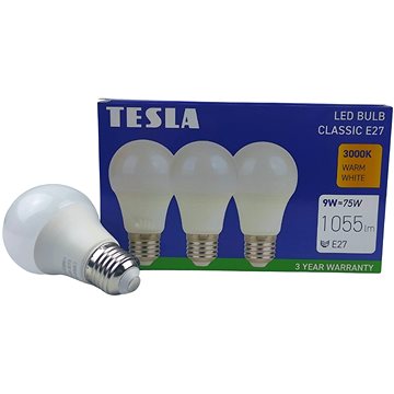 E-shop Tesla - LED Birne BULB E27 - 9 Watt - 230 Volt - 1055 lm - 25.000 h - 3000 K warmweiß - 220° - 3 Stück Packung