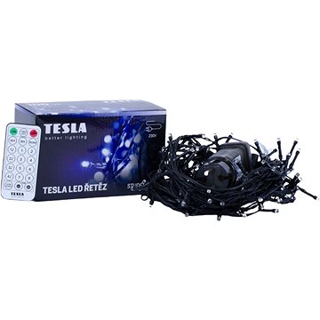 E-shop Tesla - Dekorative Lichterkette - kaltweiß - 6500K - 100 LED - 10 m + 5 m Kabel - 230 Volt - Fernbedienung mit 8 Funktionen - IP 44