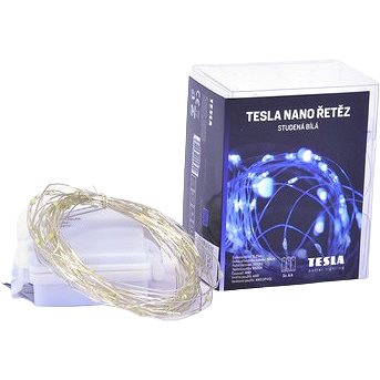 E-shop Tesla - Nano Lichterkette 50 LED - 6500K - 5 m + 30 cm Kabel - 3 x AA Batterien - Zeitschaltuhr - IP44