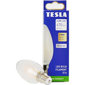E-shop Tesla - LED Birne FILAMENT RETRO Kerze E14, 4.2W, 230V, 470lm, 25 000h, 2700K warm, 360Grad, milchig