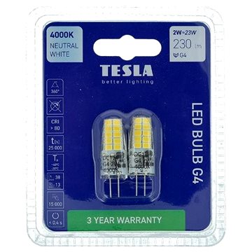 E-shop Tesla - LED-Glühbirne G4, 2W, 12V, 230lm, 25 000h, 4000K tageslichtweiß, 360d 2Stück im Paket