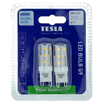 E-shop Tesla - LED-Glühbirne G9, 2W, 230V, 200lm, 4000K tageslichtweiß, 2 Stück im Pack