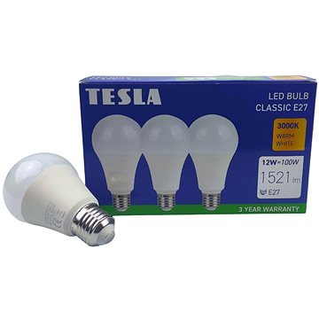 E-shop Tesla - LED-Glühbirne BULB E27, 12W, 230V, 1521lm, 25 000h, 3000K warmweiß 220st, 3er Pack