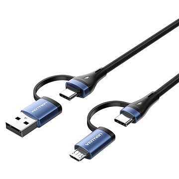 E-shop Vention 4-in-1 Cotton Braided USB 2.0 Type-A Male + USB-C Male to USB-C Male + Micro Type-B Male 5A