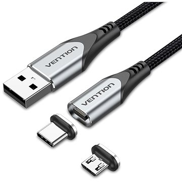 E-shop Vention 2-in-1 USB 2.0 to Micro + USB-C Male Magnetic Cable 1m Gray Aluminum Alloy Type