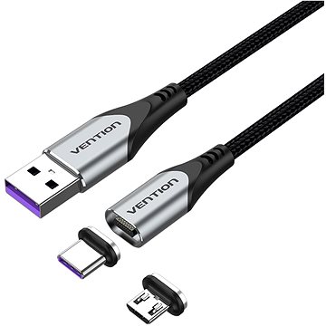 E-shop Vention 2-in-1 USB 2.0 to Micro + USB-C Male Magnetic Cable 5A 0.5m Gray Aluminum Alloy Type