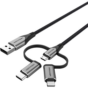 Vention MFi USB 2.0 to 3-in-1 Micro USB & USB-C & Lightning Cable 1.5m Gray Aluminum Alloy Type