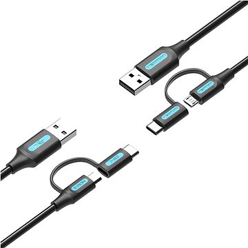 E-shop Vention USB 2.0 to 2-in-1 Micro USB & USB-C Cable 0.25M Black PVC Type