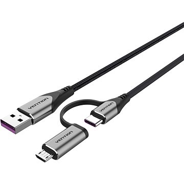E-shop Vention USB 2.0 to 2-in-1 USB-C & Micro USB Male 5A Cable 0.5m Gray Aluminum Alloy Type