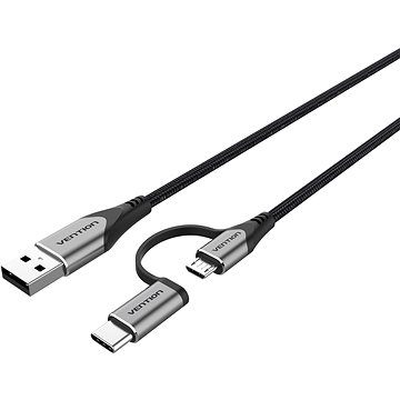 E-shop Vention USB 2.0 to 2-in-1 Micro USB & USB-C Cable 0.5m Gray Aluminum Alloy Type