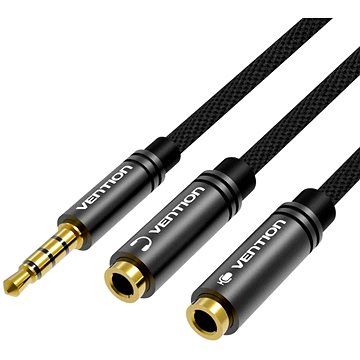 E-shop Vention Fabric Brainded 3.5mm Male to 2x3.5mm Female Stereo Splitter Cable 0.3m Black Metal Type