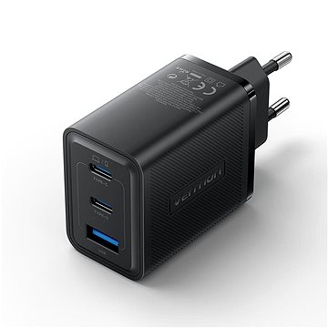 E-shop Vention 3-Port USB (C + C + A) GaN Charger (65W/65W/30W) EU-Plug Black