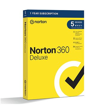 Norton 360 Deluxe 50GB, VPN, 1 uživatel, 5 zařízení, 12 měsíců (elektronická licence)